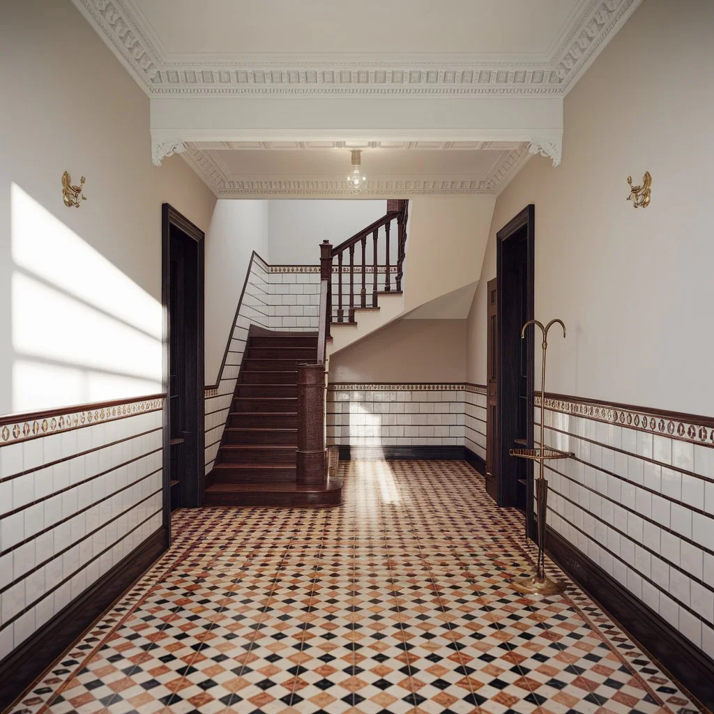 Elegant London entrance hall featuring Victorian encaustic tiles with geometric pattern and decorative border under natural daylight.