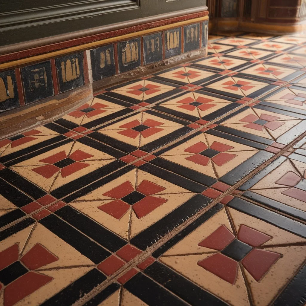Close-up detail of encaustic victorian tiles showing inlaid clay pattern depth and aged surface patina in period interior.