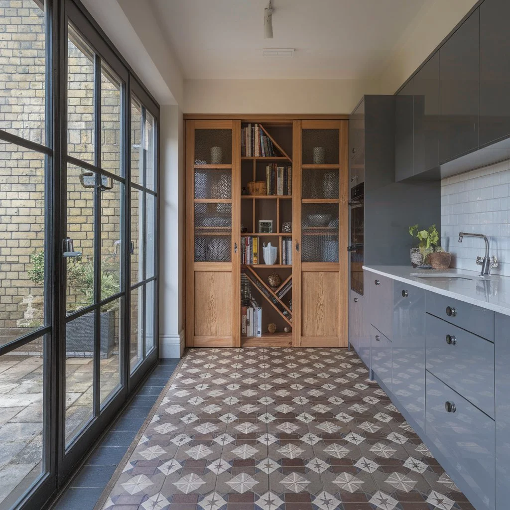 Contemporary kitchen extension showcasing victorian encaustic floor tiles blending heritage pattern with modern cabinetry and glazing.