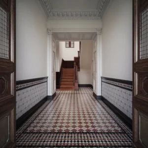Elegant London terrace entrance featuring Victorian hallway floor tiles with geometric encaustic pattern and decorative border detail.