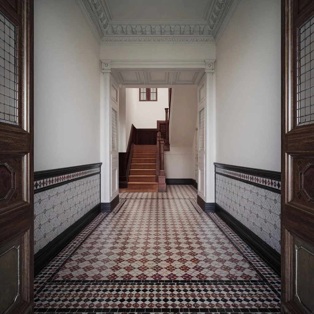 Elegant London terrace entrance featuring Victorian hallway floor tiles with geometric encaustic pattern and decorative border detail.
