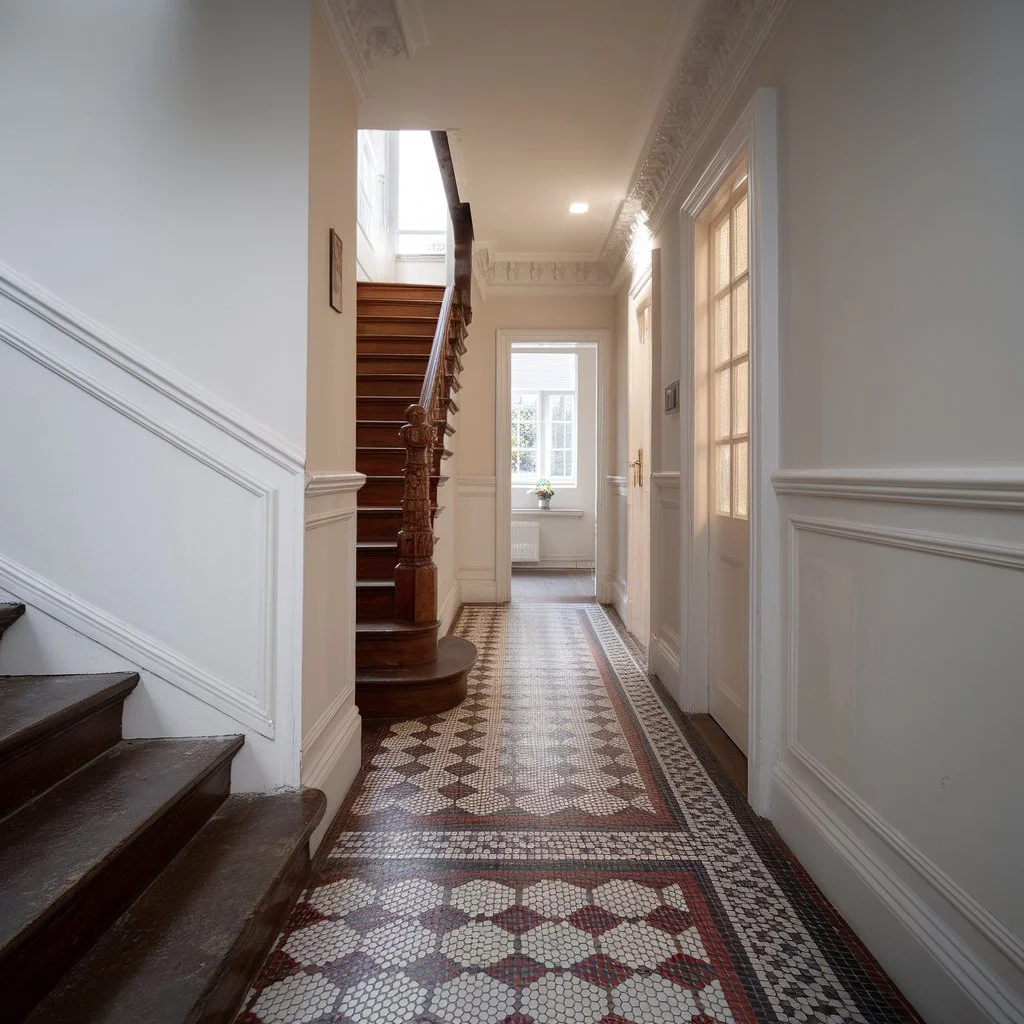 Narrow townhouse entrance displaying floor tiles hallway victorian mosaic pattern with intricate monochrome and border detailing.