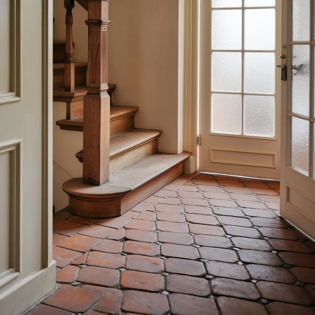 Traditional hallway featuring Victorian quarry tiles beneath original timber staircase in a UK period home.