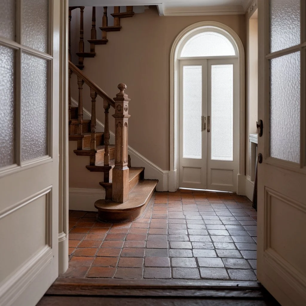 Restored entrance with quarry tiles Victorian layout complementing classic arched doorway and skirting boards.