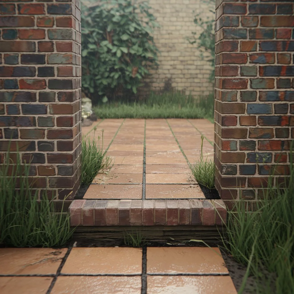 Garden pathway finished with terracotta quarry tiles between brick pillars in a British heritage property.