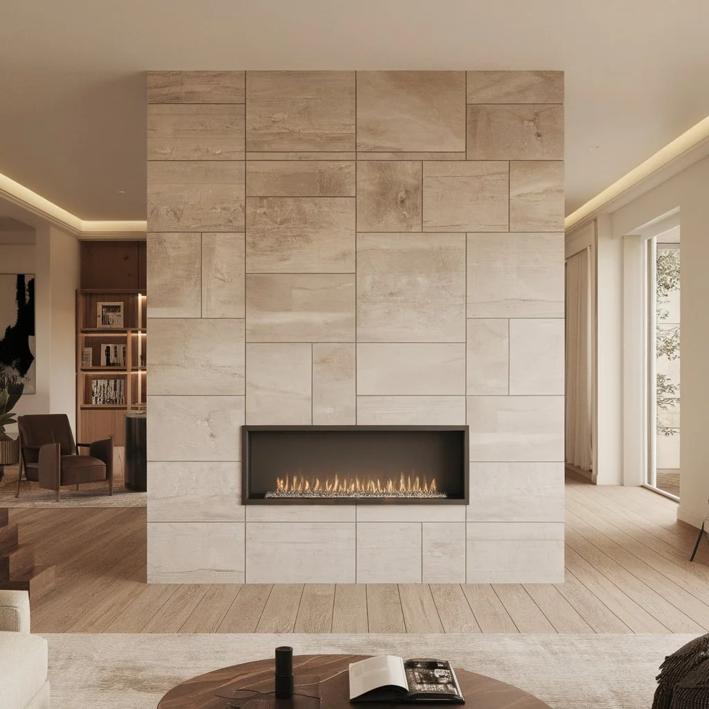 Modern fireplace with tile wall creating a sleek focal point in contemporary open plan living room