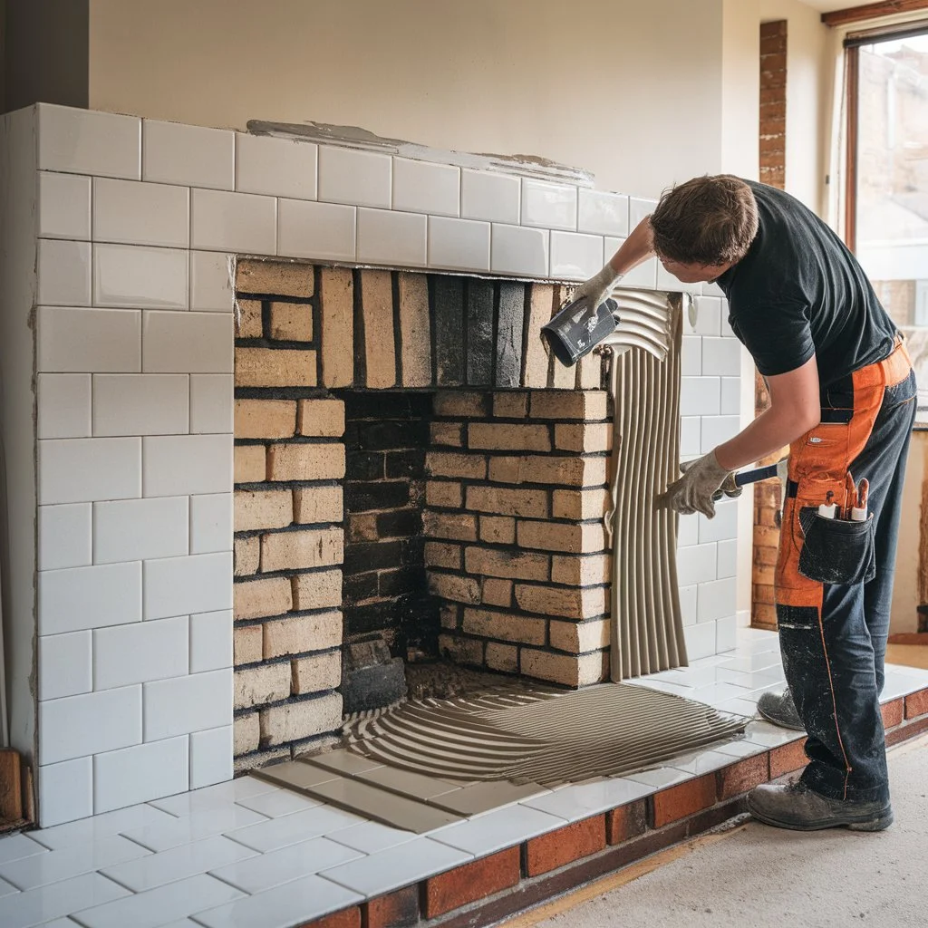 Installer applying heat-safe adhesive for fireplace tiling before fixing ceramic tiles around hearth