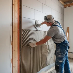 Installer applying best adhesive for wall tiles before fixing ceramic panels onto prepared interior surface