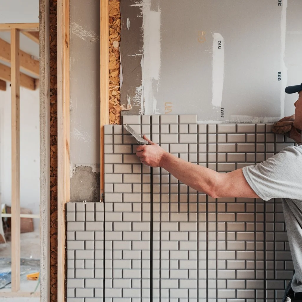 Tradesperson spreading polymer modified tile adhesive onto partition wall prior to fitting textured ceramic tiles