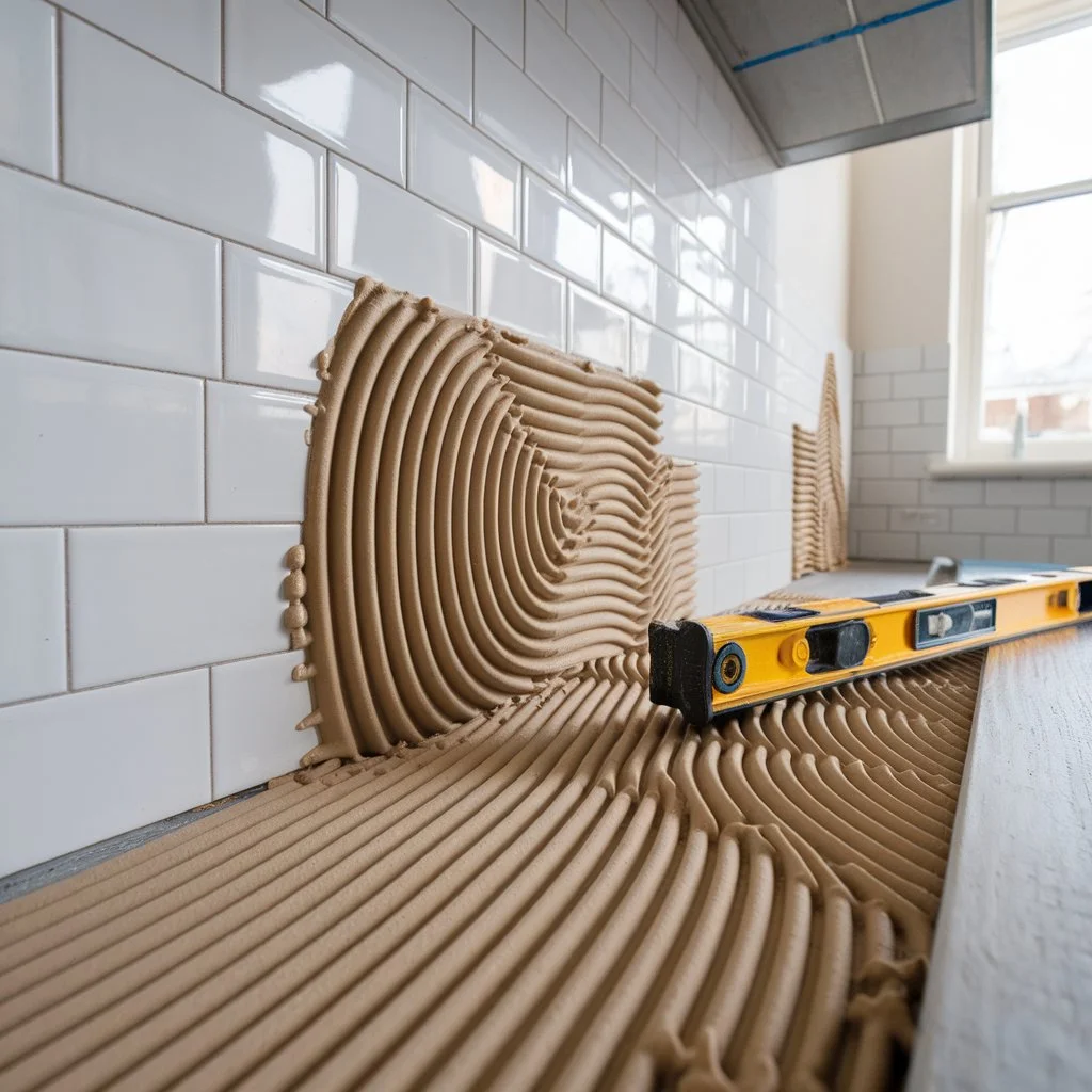 Close view showing adhesive for large format wall tiles combed evenly before positioning glossy panels