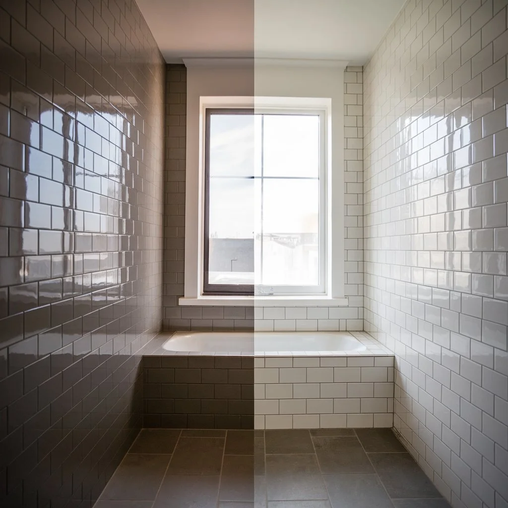 Split wall showing glossy or matte tiles for bathroom walls, illustrating sheen difference under daylight by window