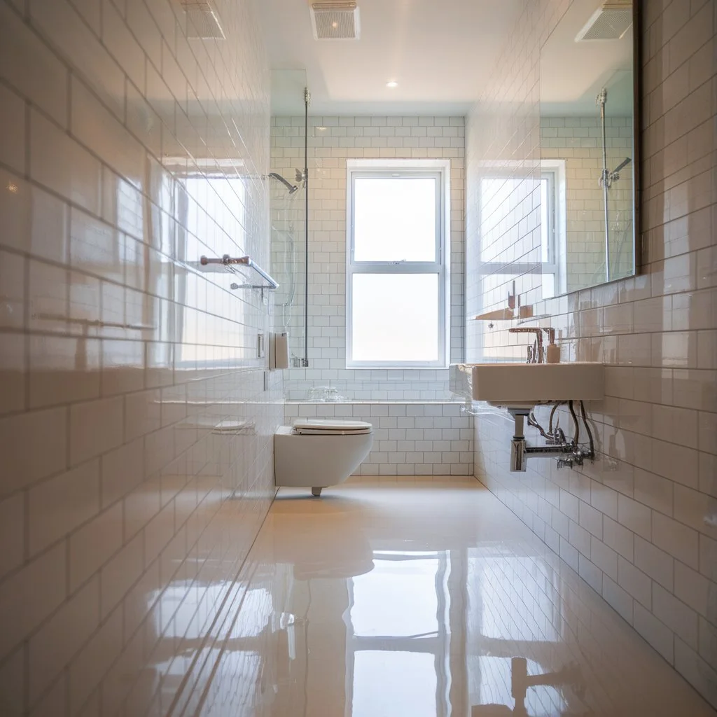 Long narrow bathroom with glossy wall tiles reflecting window light, creating brighter feel and easy clean finish