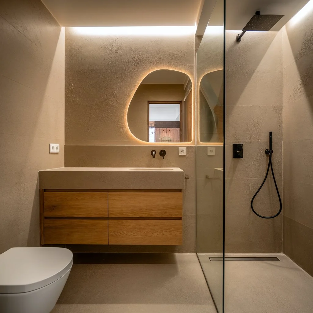 Minimalist shower room with matt wall tiles giving low sheen look, reducing glare beside glass screen nicely