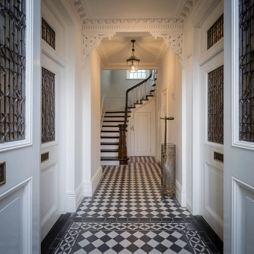 Period entrance hall featuring victorian black and white tiles with decorative border and classic chequerboard layout.