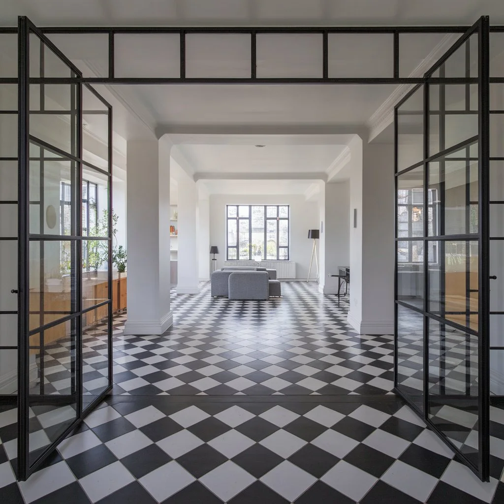 Open plan living space showcasing black and white Victorian tiles blending heritage pattern with modern glazing.