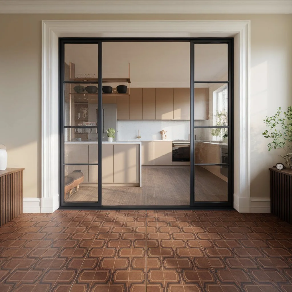 Victorian house extension featuring patterned heritage floor tiles flowing into a modern glazed kitchen space.