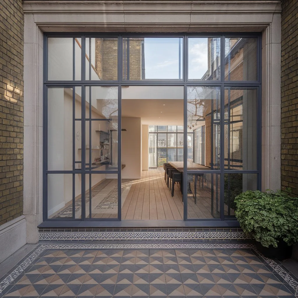 Victorian terrace extension with geometric encaustic tiles creating seamless transition from garden courtyard to interior.