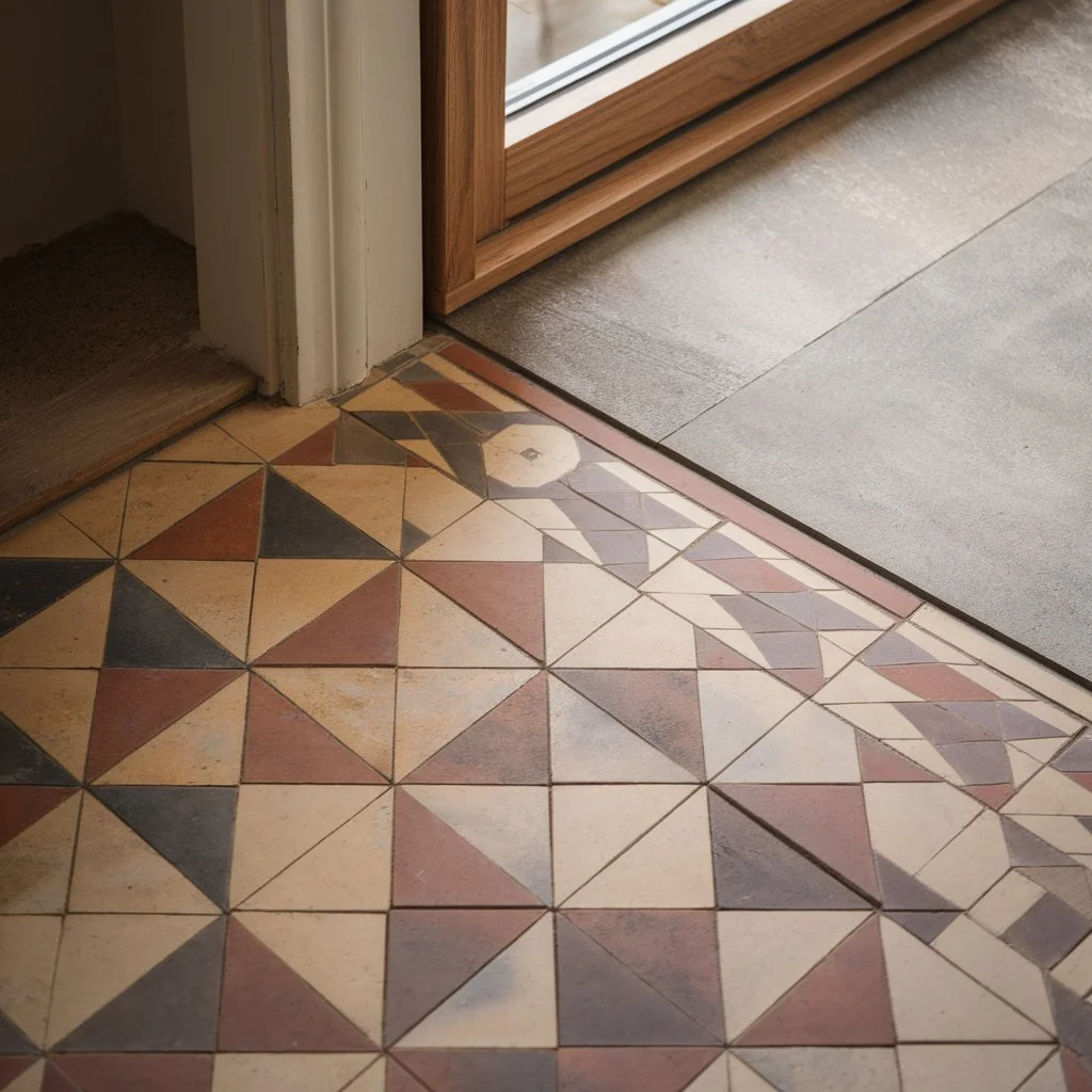 Contemporary extensions to old houses showcasing traditional Victorian floor tiles meeting modern sliding door threshold.