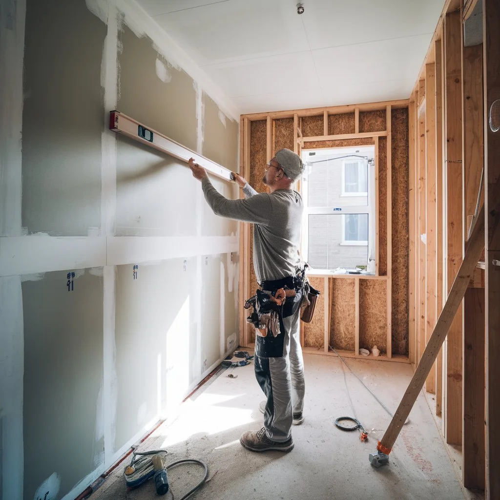 Installer checking wall levels during wall tiling inspection checklist before preparing internal surfaces for tiling