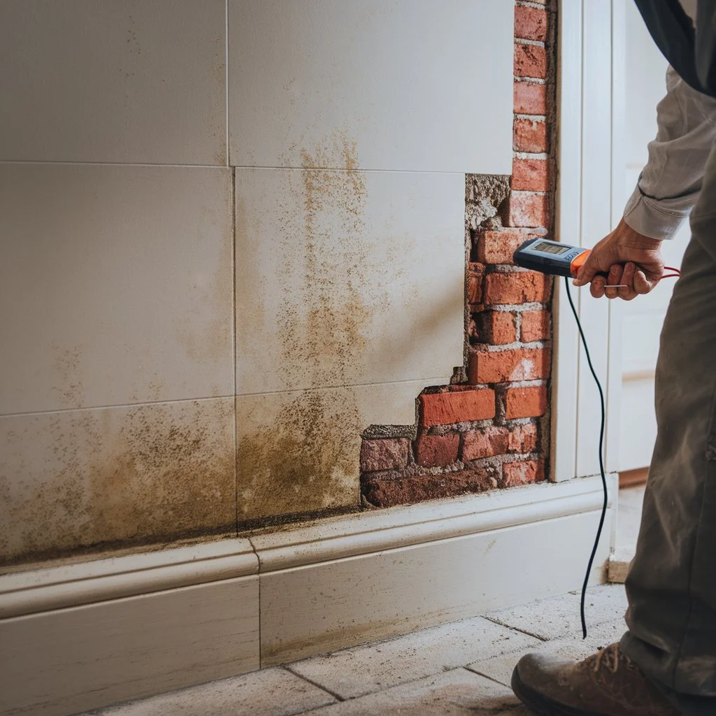 Moisture testing damaged brickwork before priming walls before tiling in residential renovation project