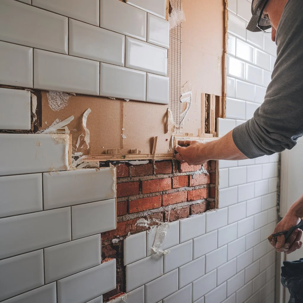 Removing old ceramic tiles to inspect substrate for wall tile prior to new installation