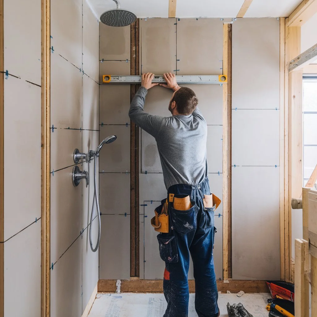Installer fitting a waterproof tile backer board in shower wall before ceramic wall tiling