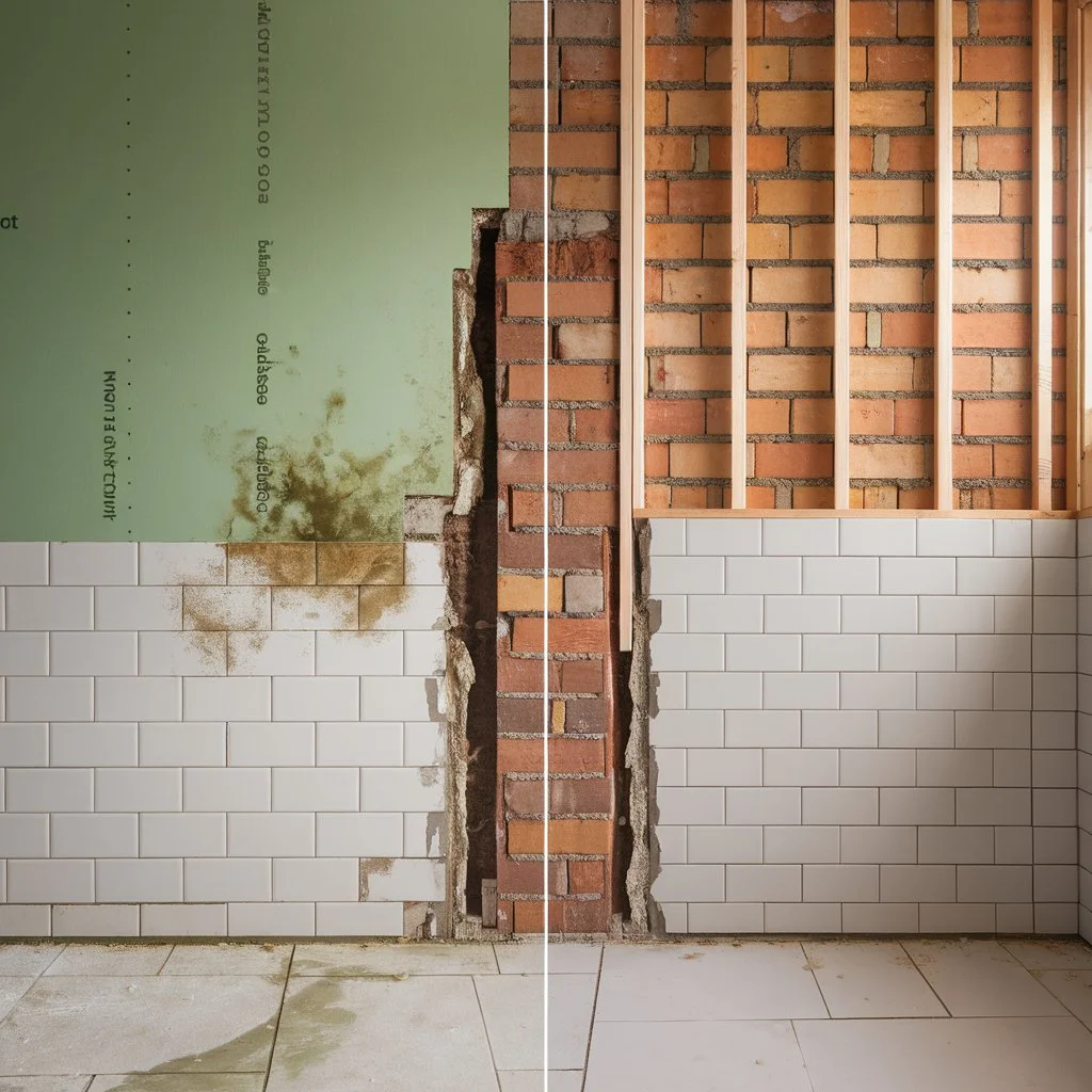 Wall renovation showing moisture damage and asking is cement backer board waterproof behind tiles