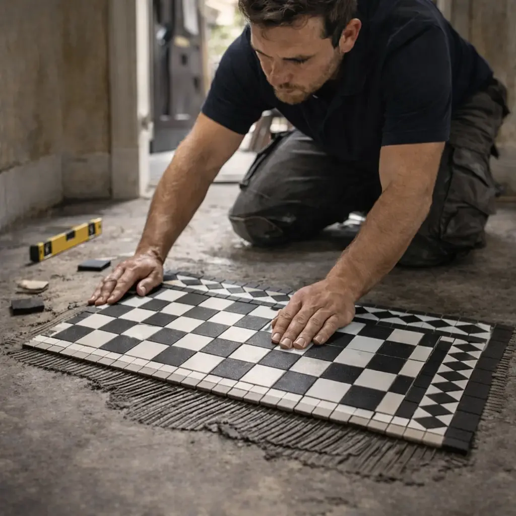 Installing geometric Victorian floor tiles with adhesive in a UK hallway renovation
