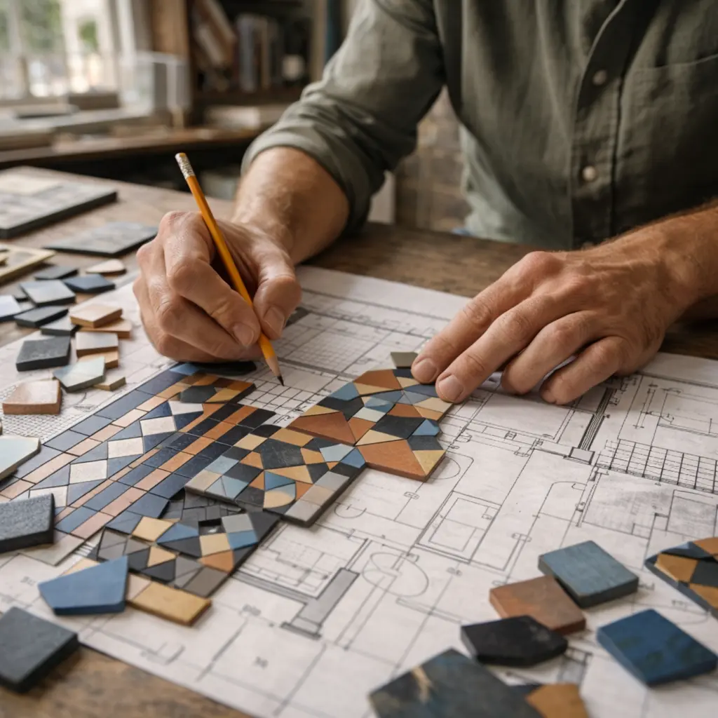 Planning bespoke Victorian floor tile pattern on layout drawings for a UK home renovation