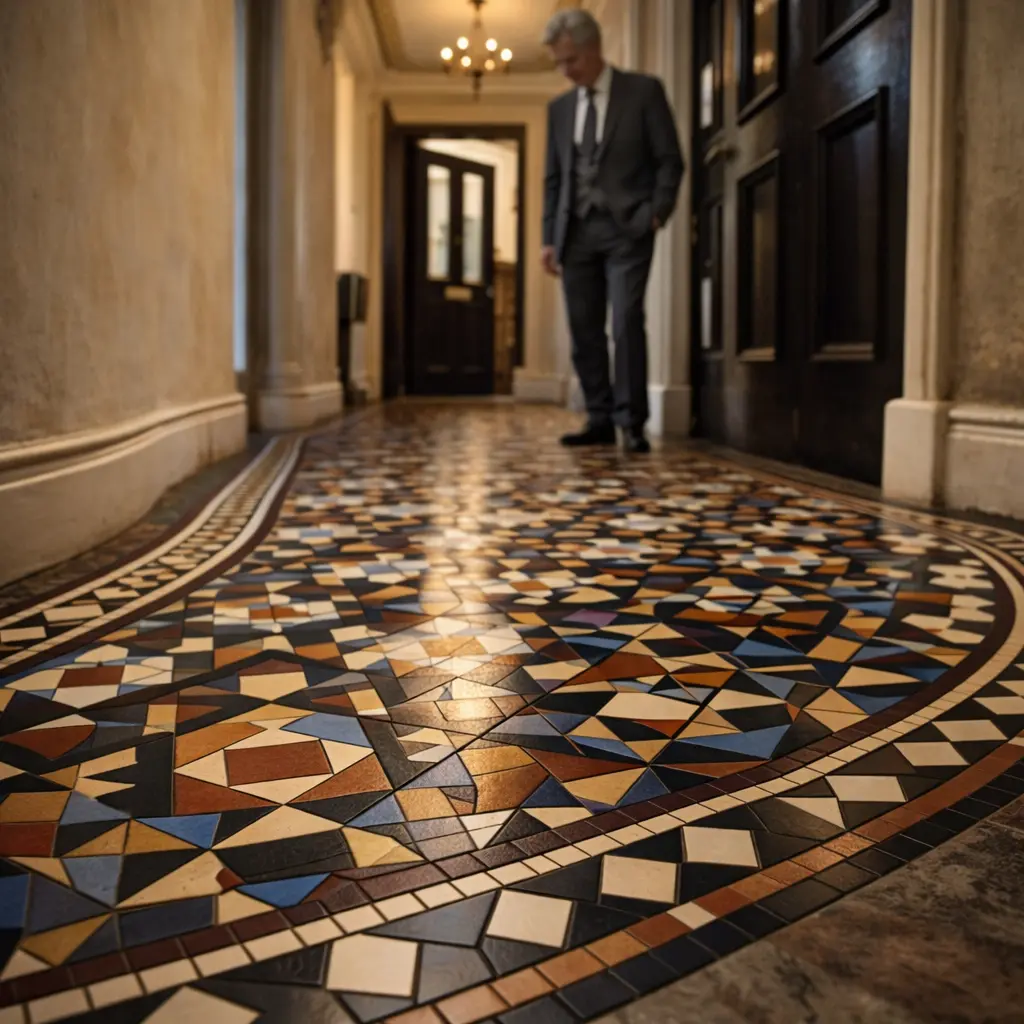 Finished Victorian mosaic tile floor in a traditional UK hallway