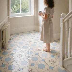 Edwardian patterned floor tiles with floral design in a traditional UK home interior