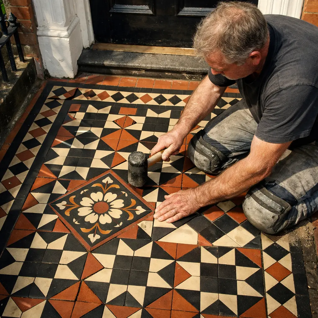 Repairing Victorian geometric entrance tiles outside a UK front door