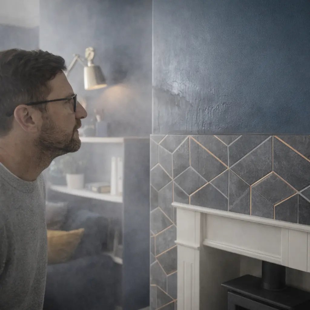 Damp and condensation affecting a tiled feature wall near a fireplace in a UK home