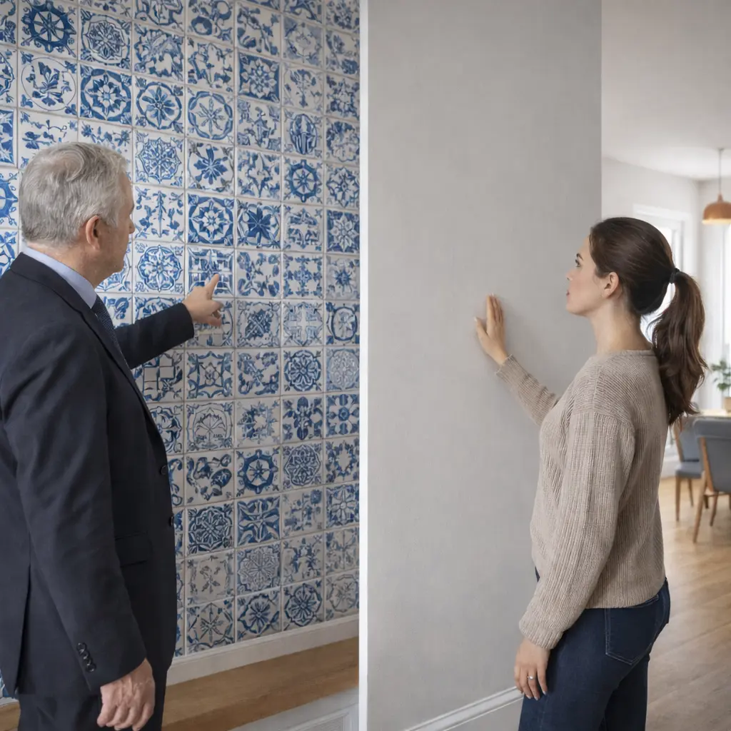 Comparing patterned wall tiles with a painted wall finish in a modern UK interior