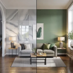 Side by side comparison of tiled feature wall and painted wall in a UK living room