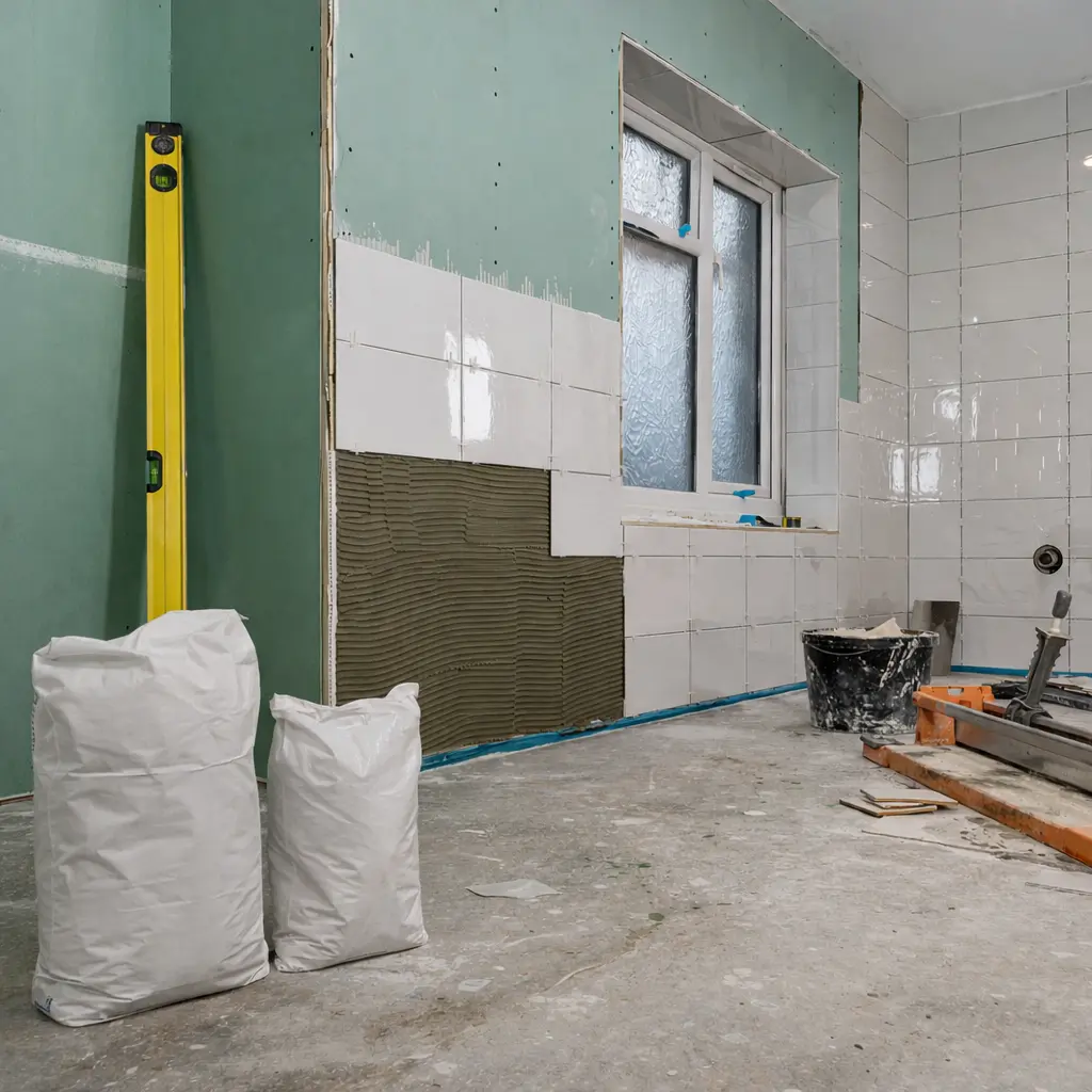 Preparing and tiling a bathroom wall with adhesive and tools in a London home renovation project