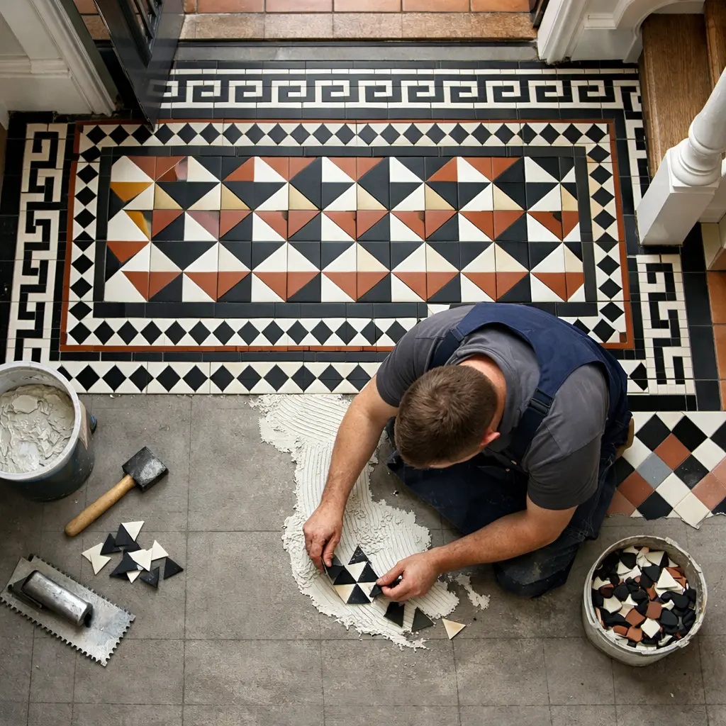Aligning mosaic tile layout using laser level in a Victorian hallway in a UK home