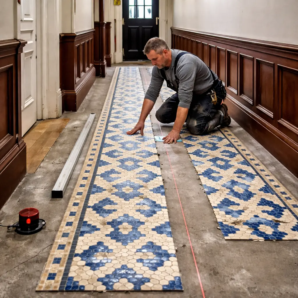 Installing Victorian geometric floor tiles with patterned border in a London hallway