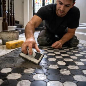 Grouting hexagon mosaic floor tiles during hallway tiling in a UK period property