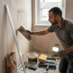Removing damaged plaster from a wall before tiling in a UK home renovation