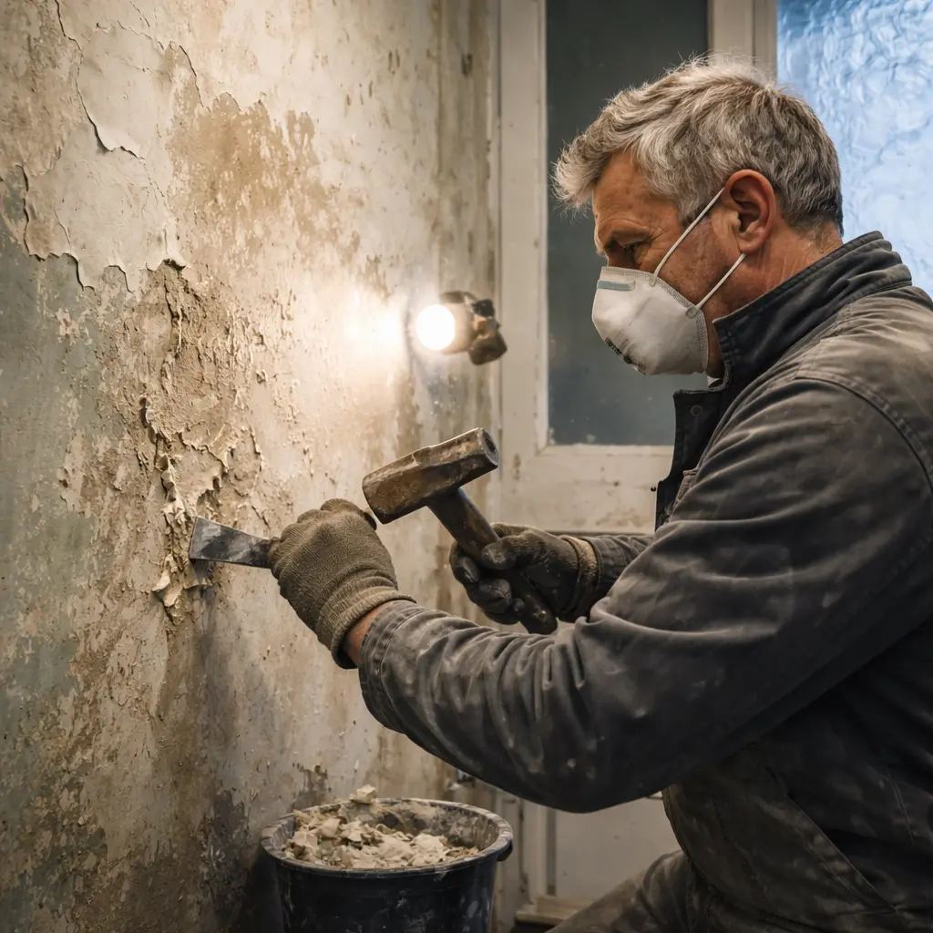 Preparing wall surface with primer and tools before tiling installation in a London home