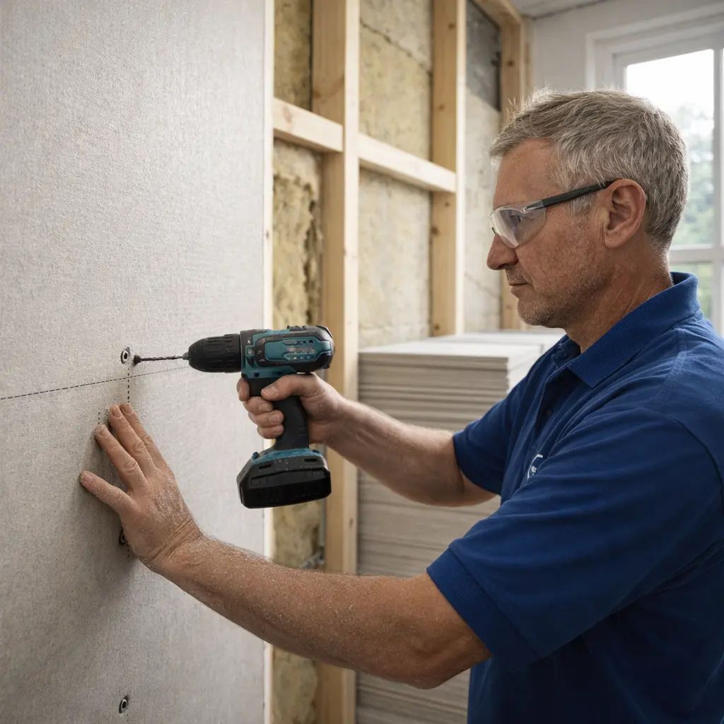 Fixing plasterboard wall with drill during wall preparation for tiling in a UK property