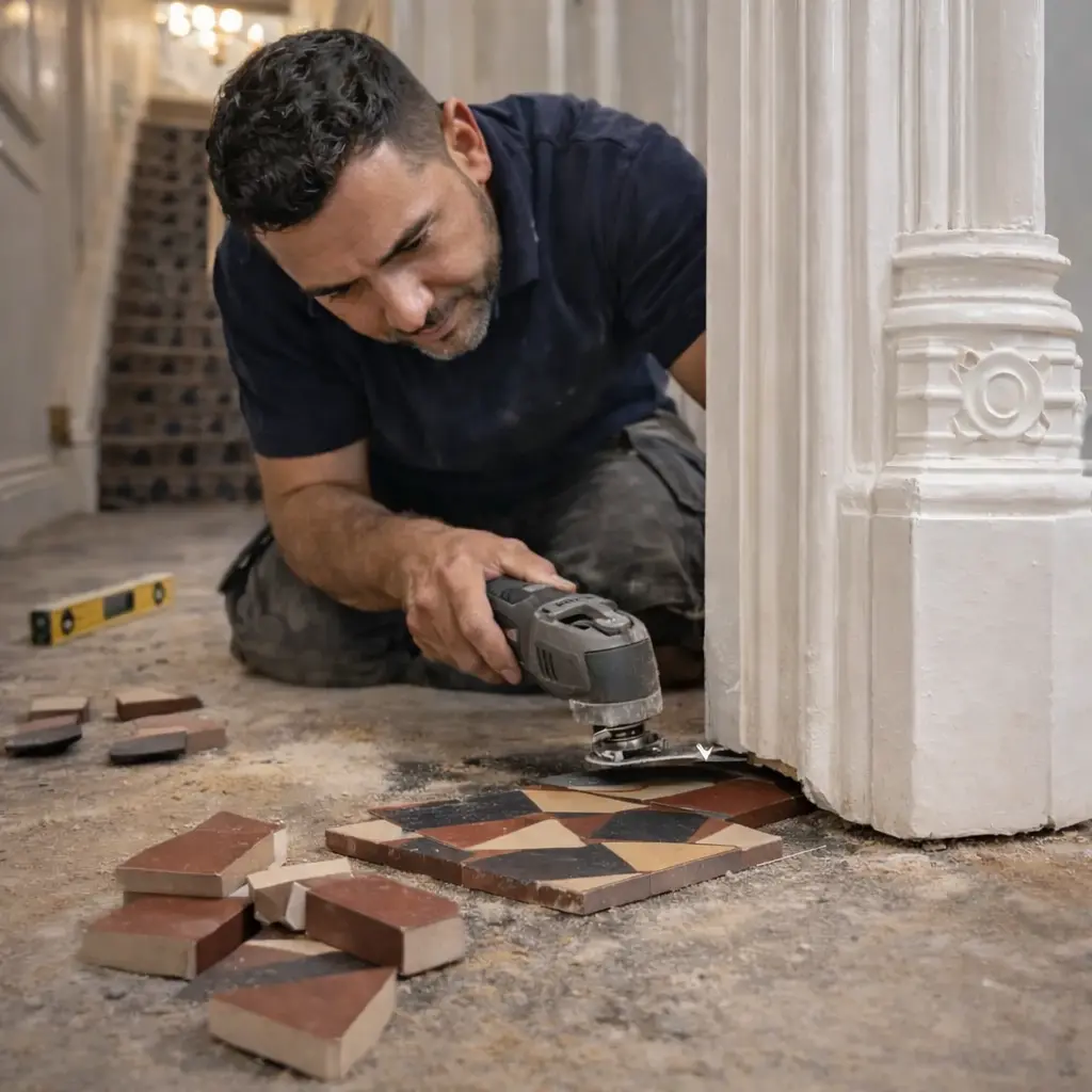 Adjusting tile thickness and adhesive bed near doorway during Victorian floor tiling in a UK home
