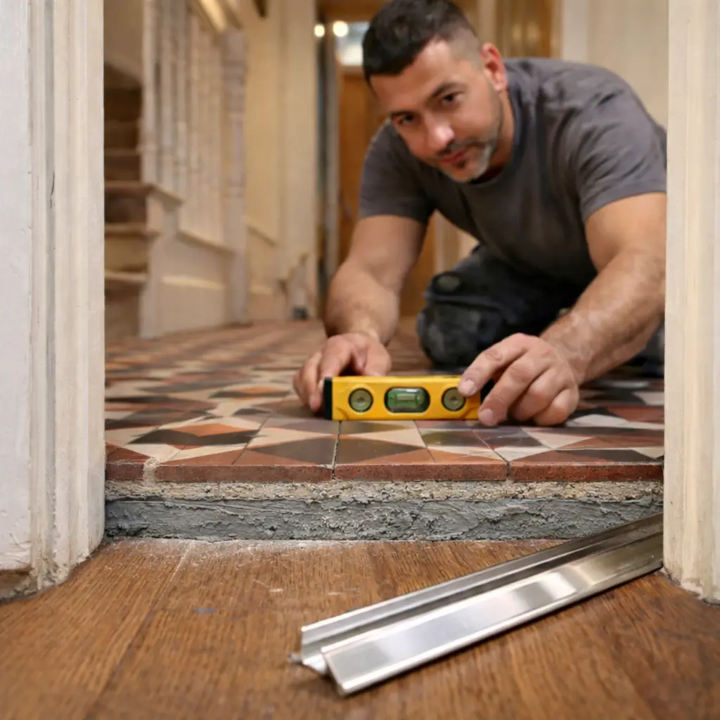 Checking tile level and floor transition between Victorian tiles and wood flooring in a UK property