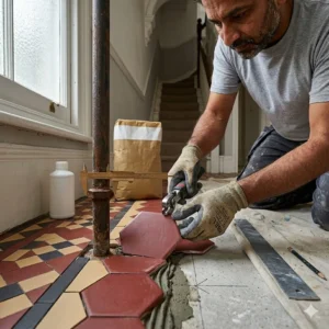 Cutting and fitting Victorian geometric tiles around pipework in a London hallway