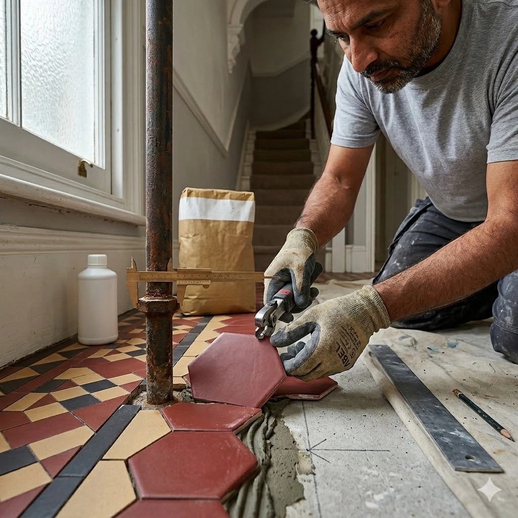 Cutting and fitting Victorian geometric tiles around pipework in a London hallway