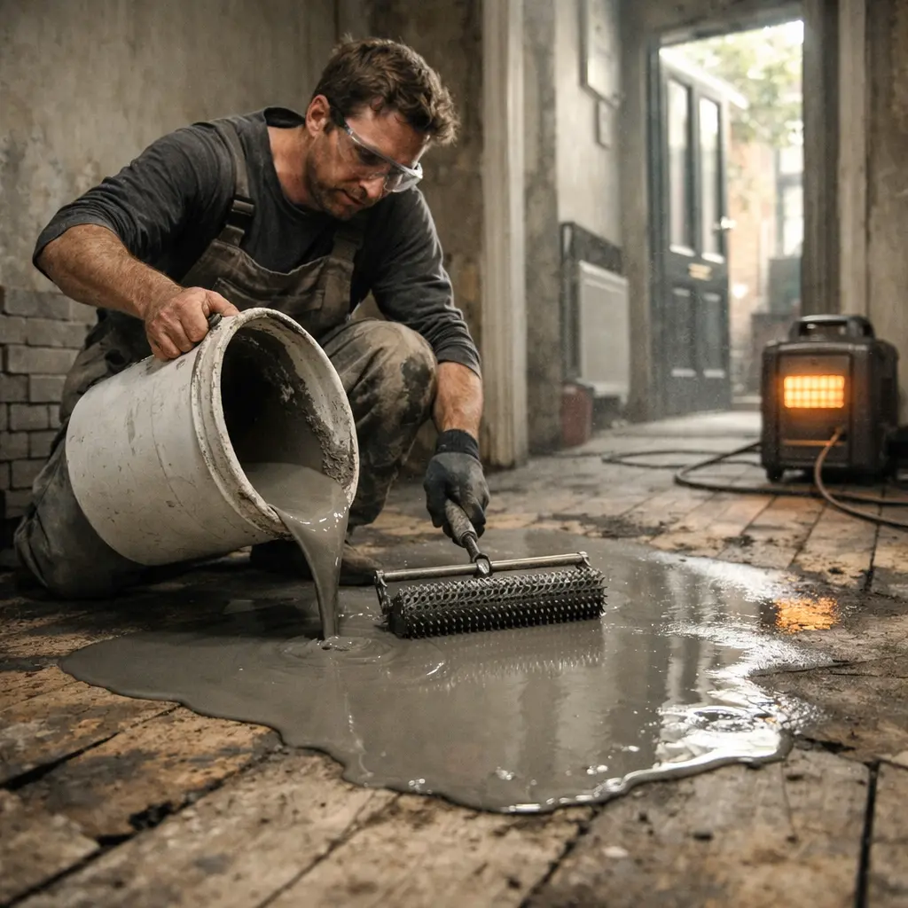 Applying self levelling compound on timber subfloor before tiling in a UK home renovation
