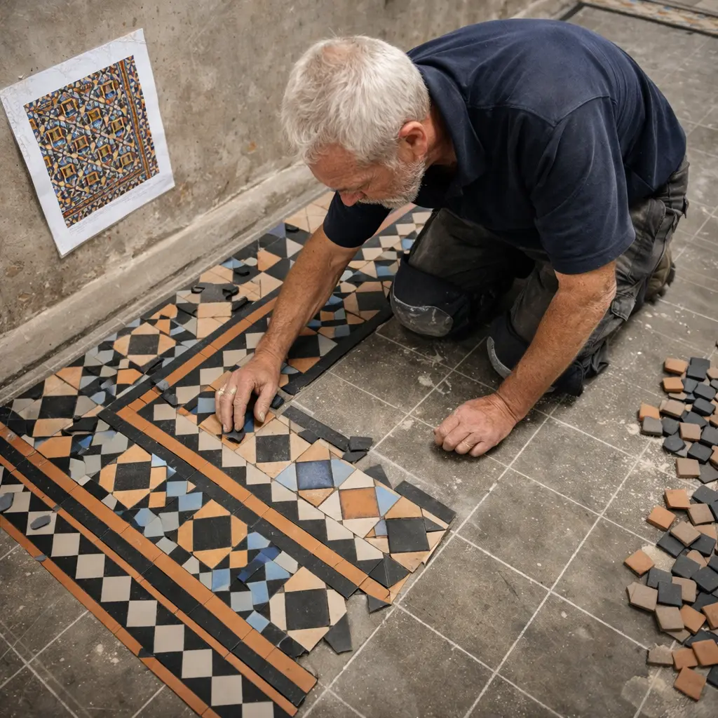 Laying out Victorian geometric floor tile pattern during restoration in a UK property