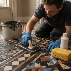 Cleaning and finishing Victorian floor tiles during restoration in a UK period home