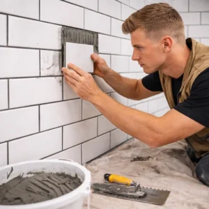 Applying ceramic wall tiles with adhesive on a kitchen or bathroom wall in a UK home